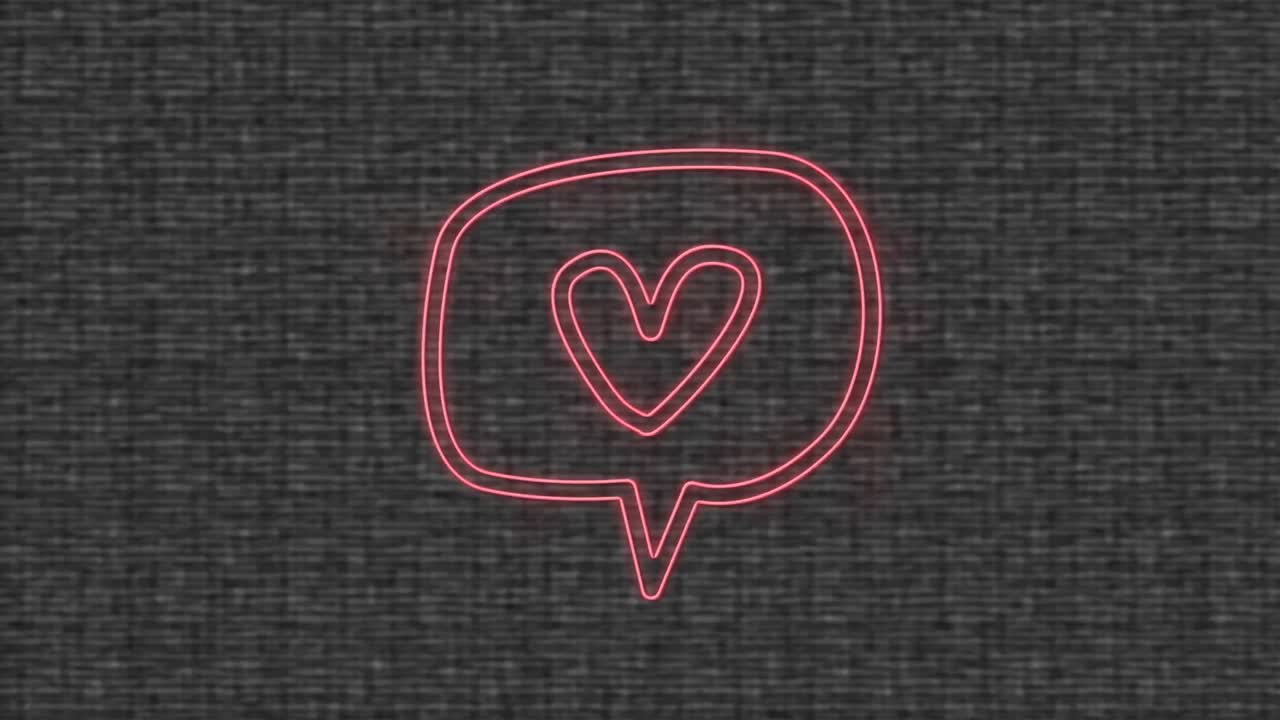animación de un corazón de neón rosa en una burbuja de habla, sobre un fondo de textura gris