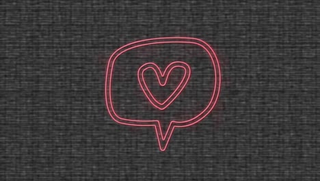 animación de un corazón de neón rosa en una burbuja de habla, sobre un fondo de textura gris