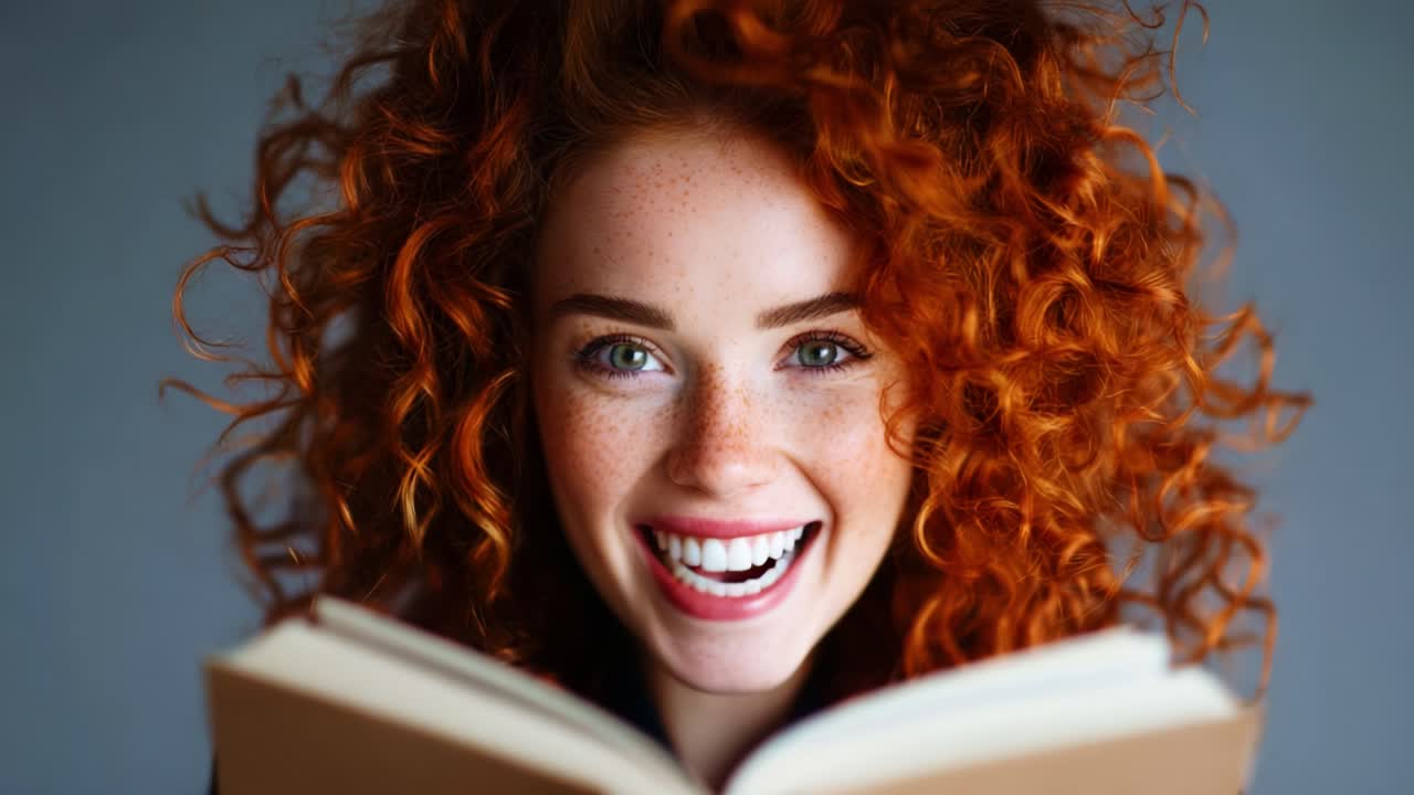 A joyful young woman with vibrant red hair and striking freckles expresses excitement and happiness while holding an open book, showcasing the joy of reading and discovery