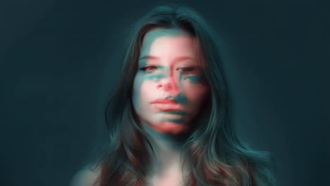 artistic portraits of a woman with digital glitch and double exposure effects