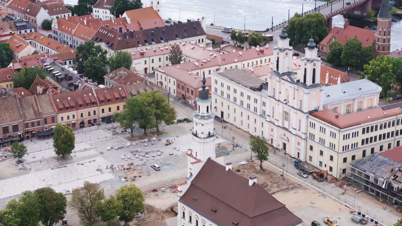Kaunas city hall and downtown buildings, aerial view
