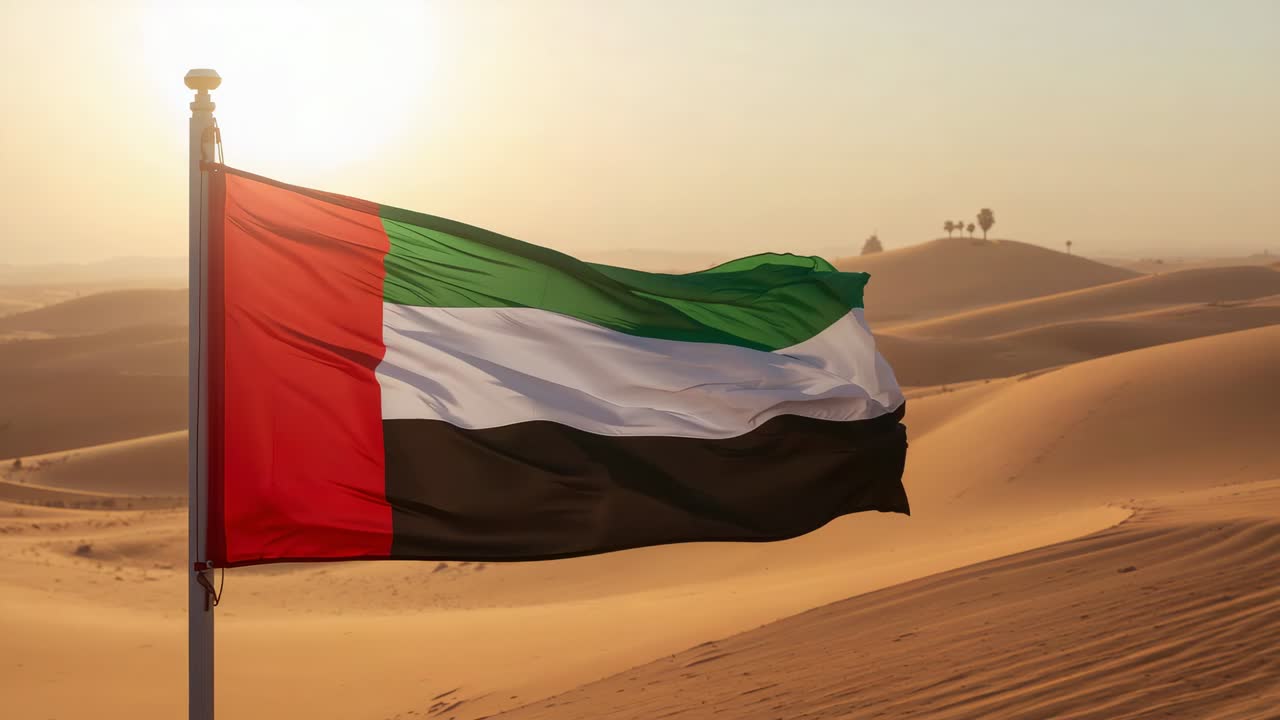 Bandiera degli Emirati Arabi Uniti ondeggiante al vento sulle dune di sabbia sotto il sole basso, con palo di metallo in evidenza