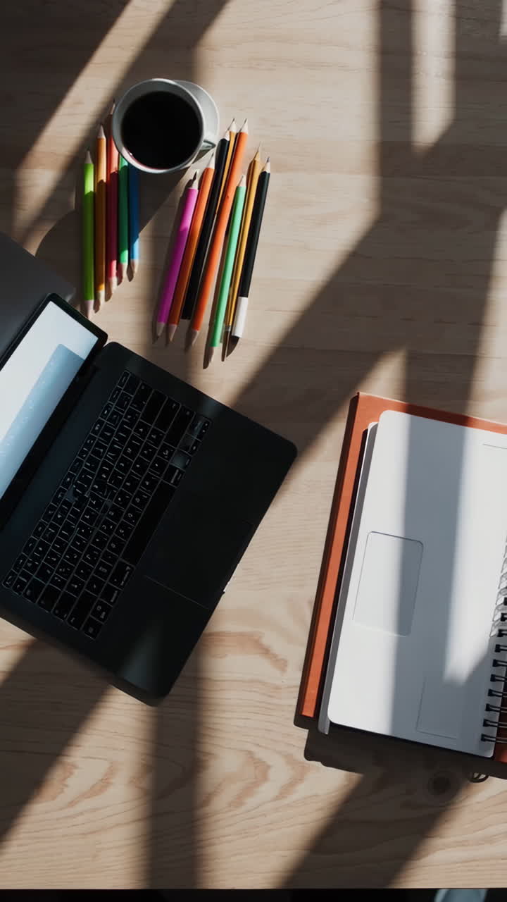 Laptop, coffee, pencils and notebooks on a wooden desk
