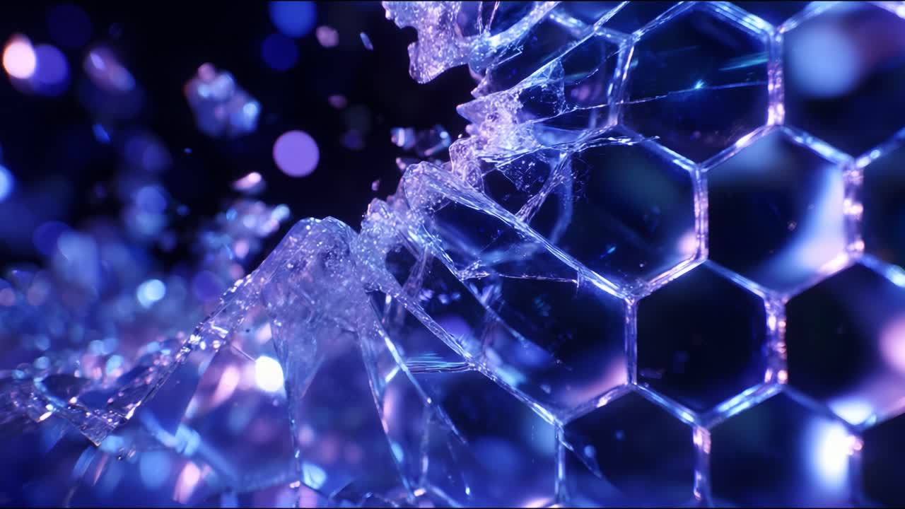 An Abstract Exploration of Fractured Crystal Structures: A Close-Up View of Shattered Honeycomb Patterns with Mesmerizing Light Reflections and Refractions, Creating a Stunning Visual Experience of Geometry and Texture
