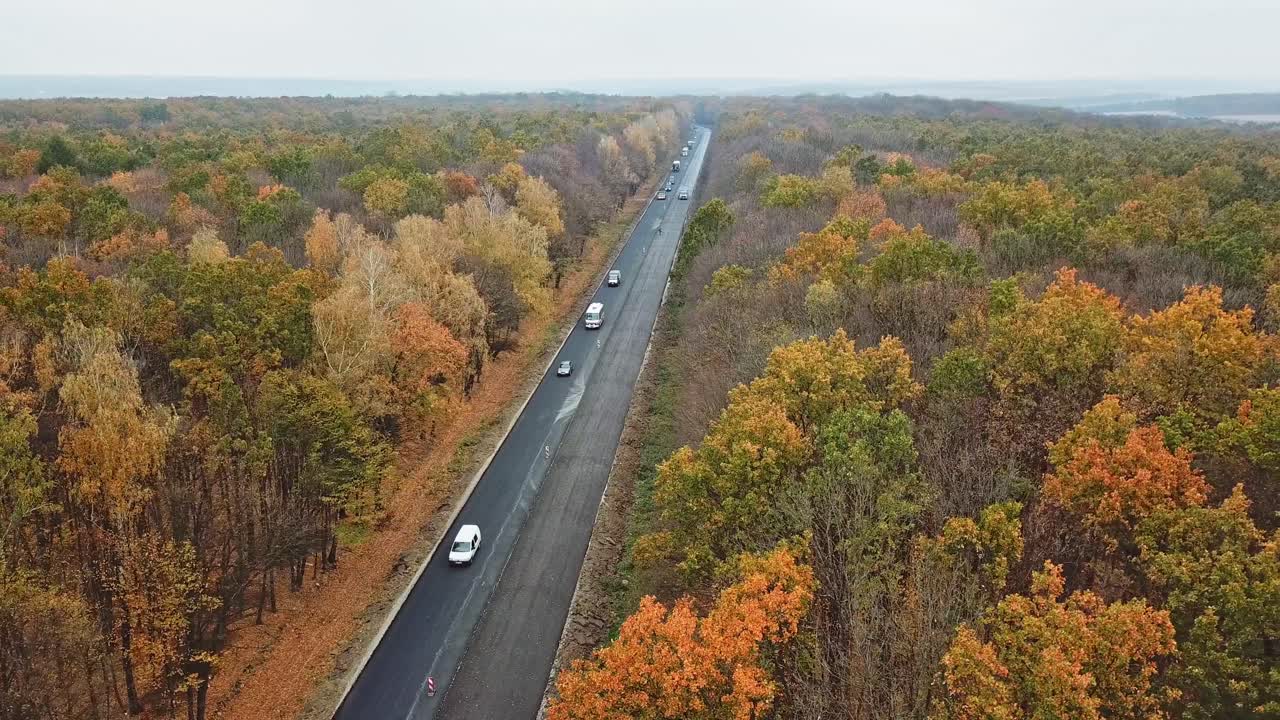 Aerial view of autumn road with cars. Many cars are moving on one side of the road in autumn forest. Camera moves right.