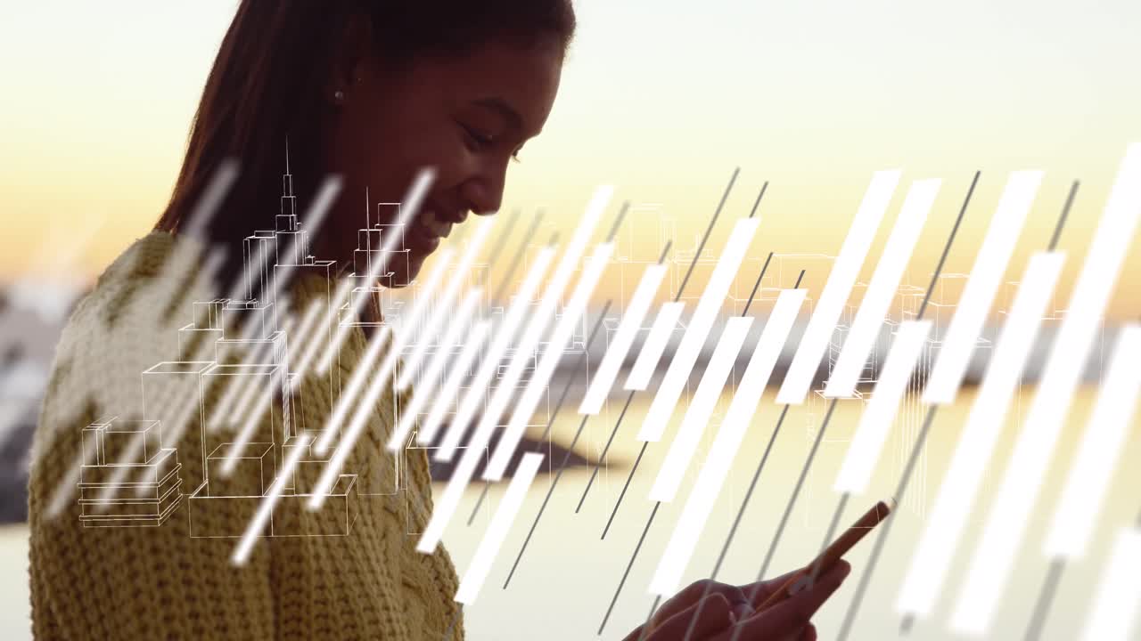 animación de gráficos sobre las manos de una mujer biracial usando un teléfono inteligente
