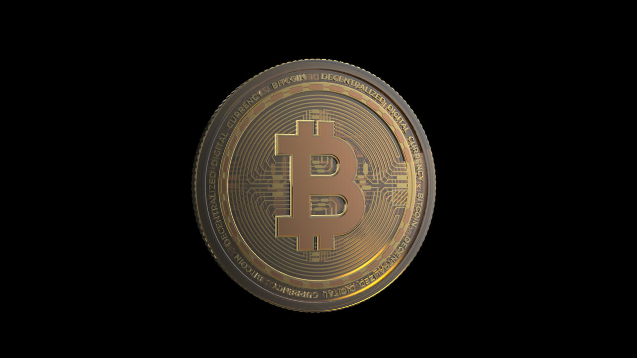 Video in loop a 360° con rendering in 3D di bitcoin in criptovaluta color oro con sfondo alfa. Sfondo trasparente