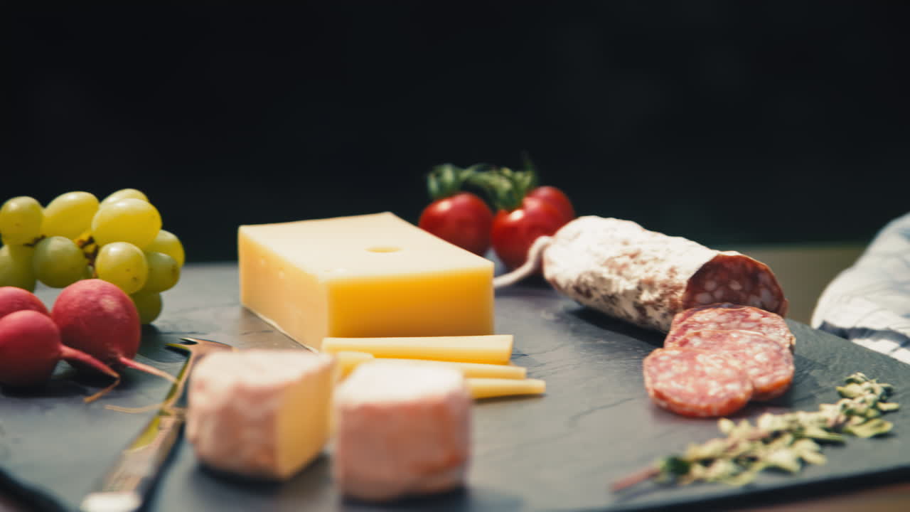 A close picturesque garden table showcasing an assortment of mouthwatering snacks including salami, cheese, and bread. Great for food vlogs, recipe videos, and appetizing product presentations