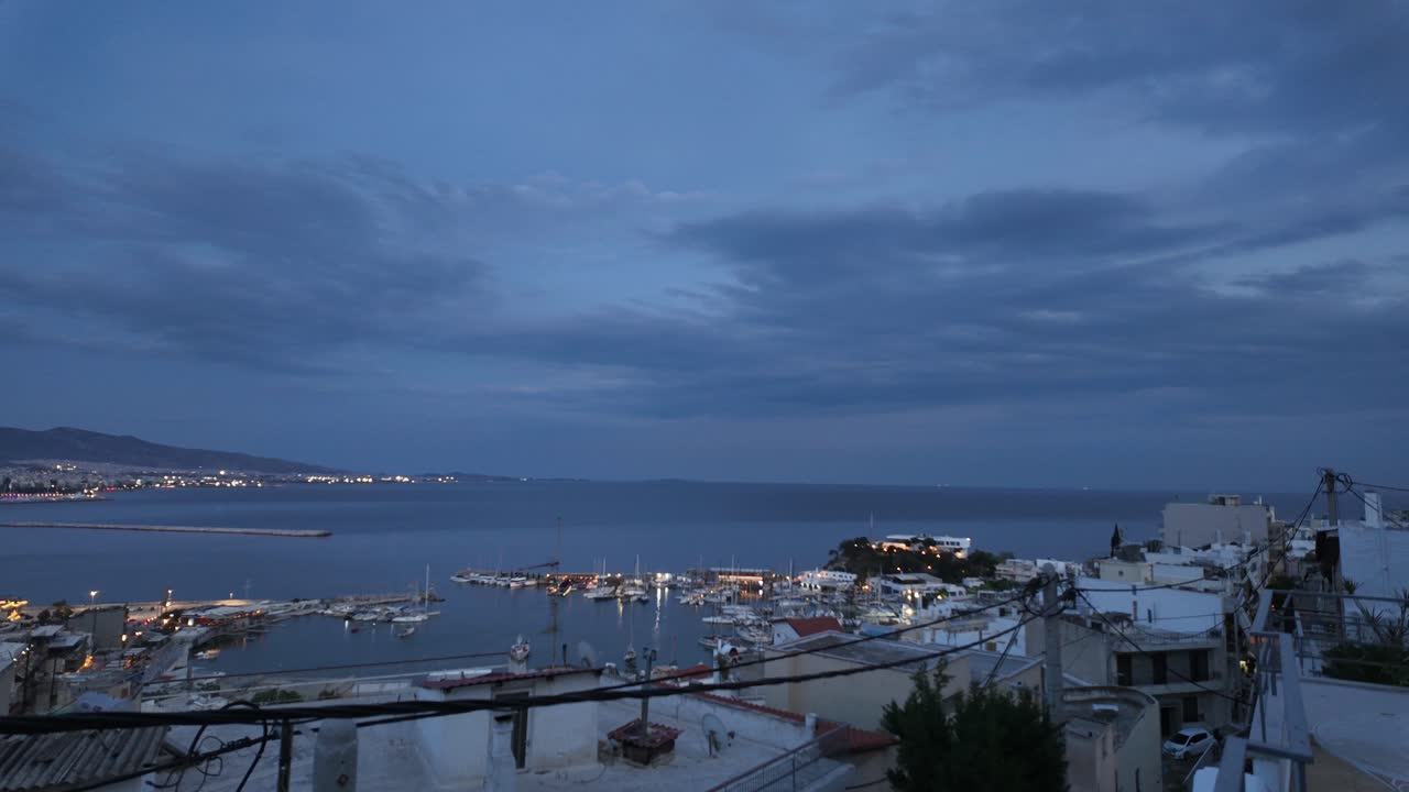 Evening Panorama of a Coastal City Harbor