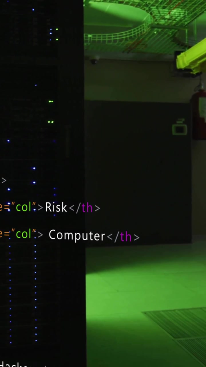 HTML code animation over server room with green lighting