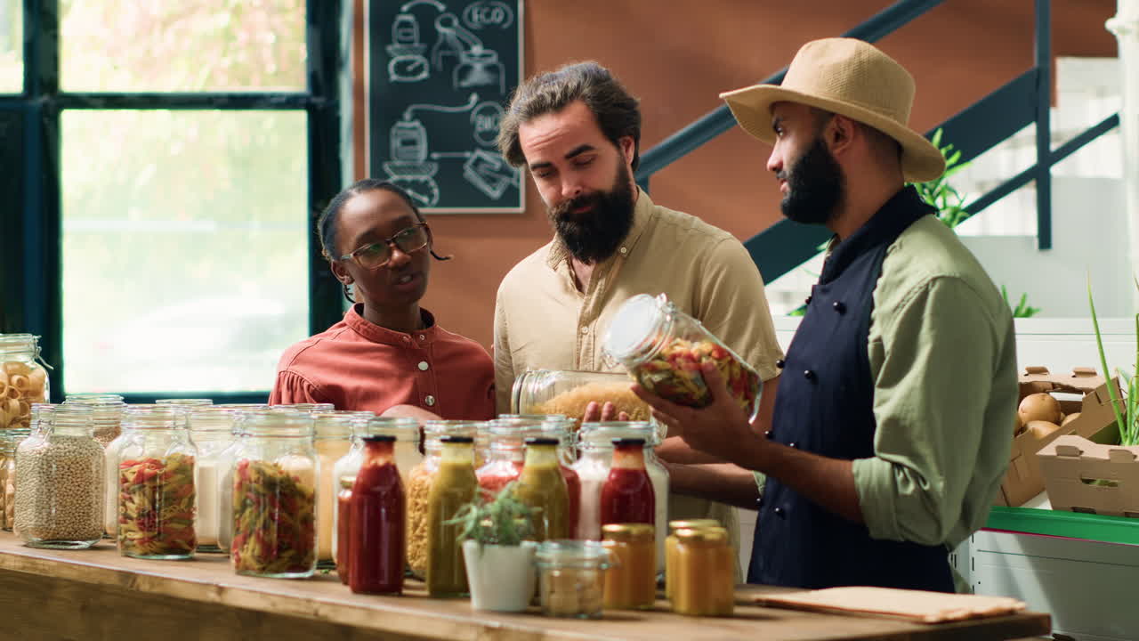 vendedor que recomienda productos de despensa biológica