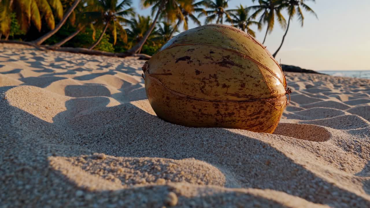 Low-angle shot of a coconut on a sandy beach with palm trees, capturing a tropical vibe