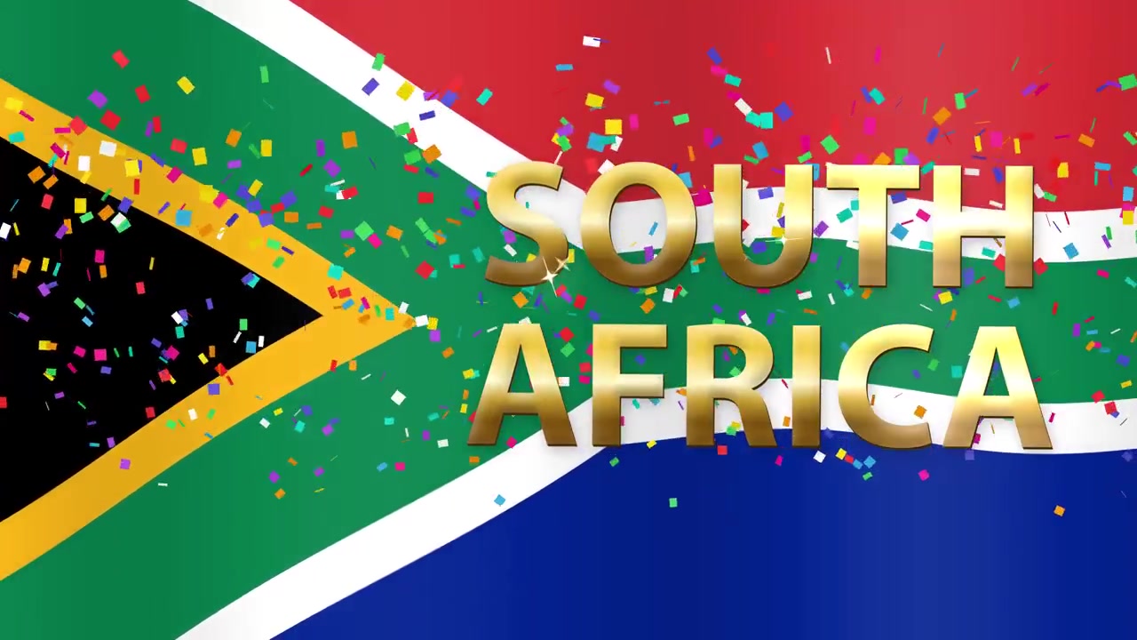 Animação de bandeira da África do Sul tremulando com texto 3D dourado e partículas de confete coloridas caindo