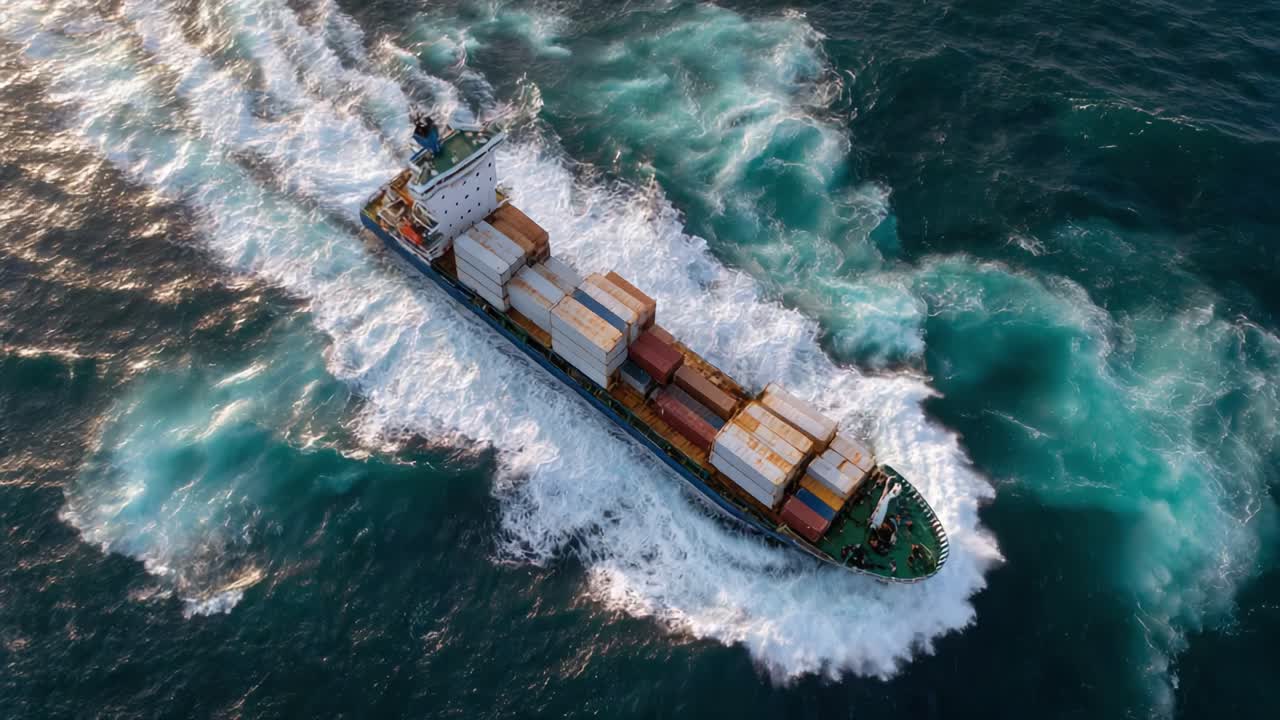 A Container Ship Navigating Through Turbulent Waters, Capturing the Majesty of Maritime Transport and the Power of Modern Shipping Technology
