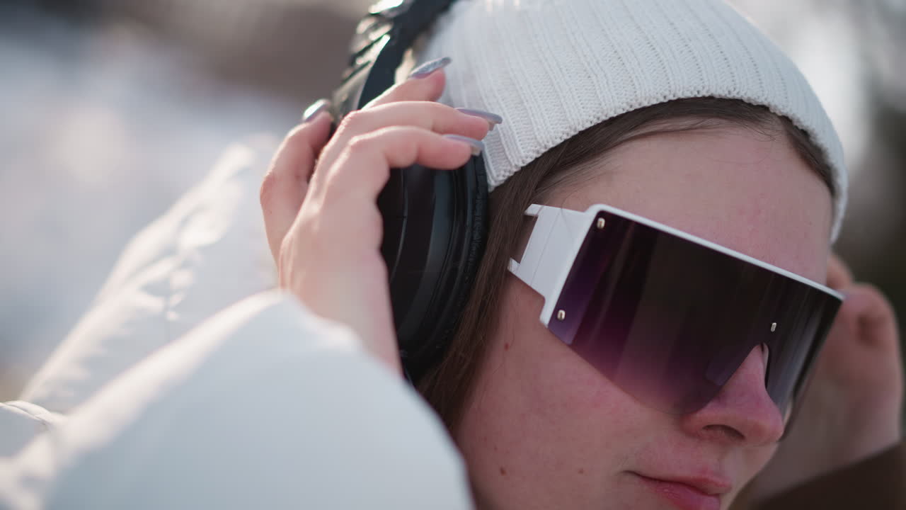 Close up of lady wearing over ear headphones smiling while listening to music against winter blur background snow glistening under sun breeze on coat and beanie capturing joyful vibe