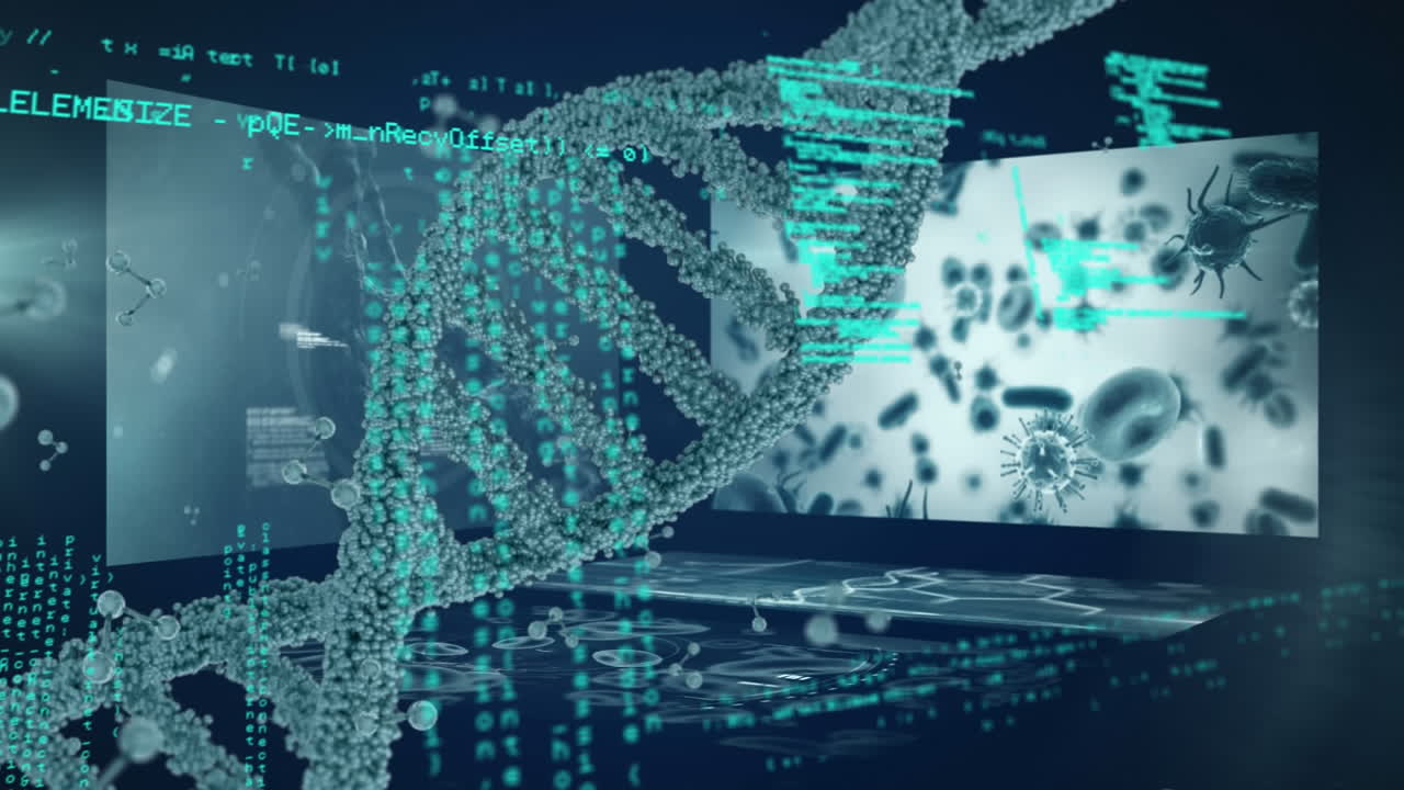 Animation of dna strand spinning, laptop and medical data processing