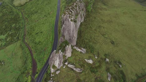 Rocha-dos-Frades-rock-formation-from-above-in-Flores-island---Drone-shot