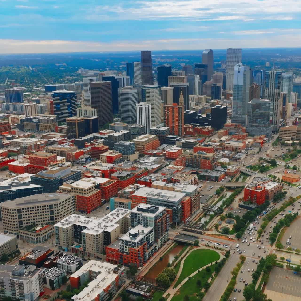 Aerial panorama of Denver, Colorado. Downtown urban cityscape buildings