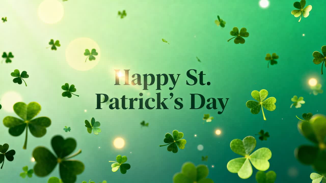 Motion starting, greeting reading Happy St Patrick's Day on green gradient, clovers drifting upward