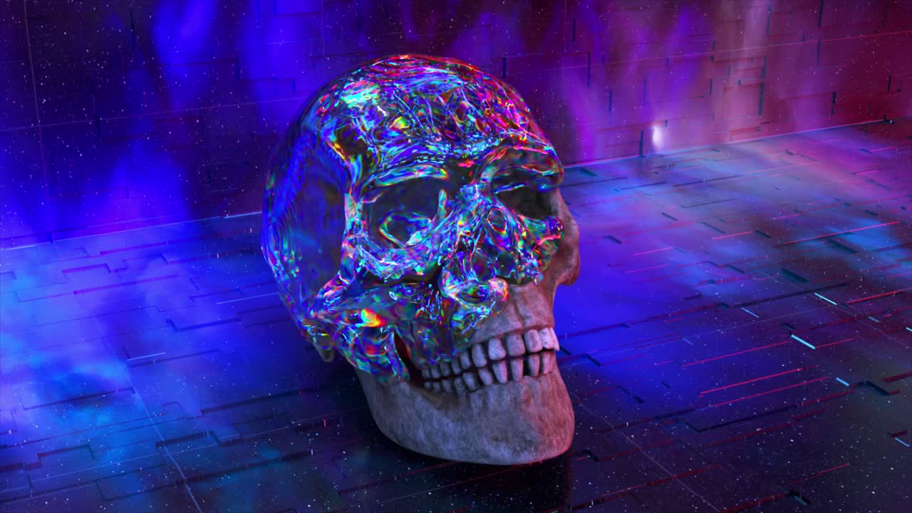 Teschio iridescente con cervello luminoso in un'ambientazione cyberpunk