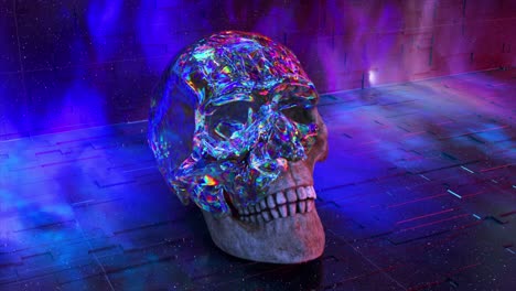 iridescent skull with glowing brain in cyberpunk setting