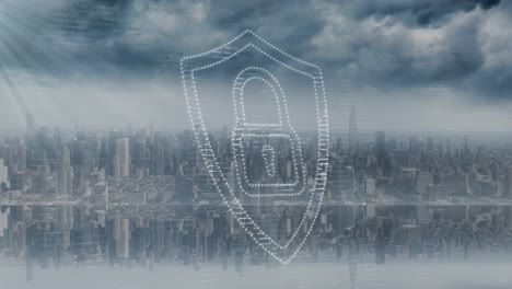 animation of dots padlock in shield over modern cityscape against cloudy sky