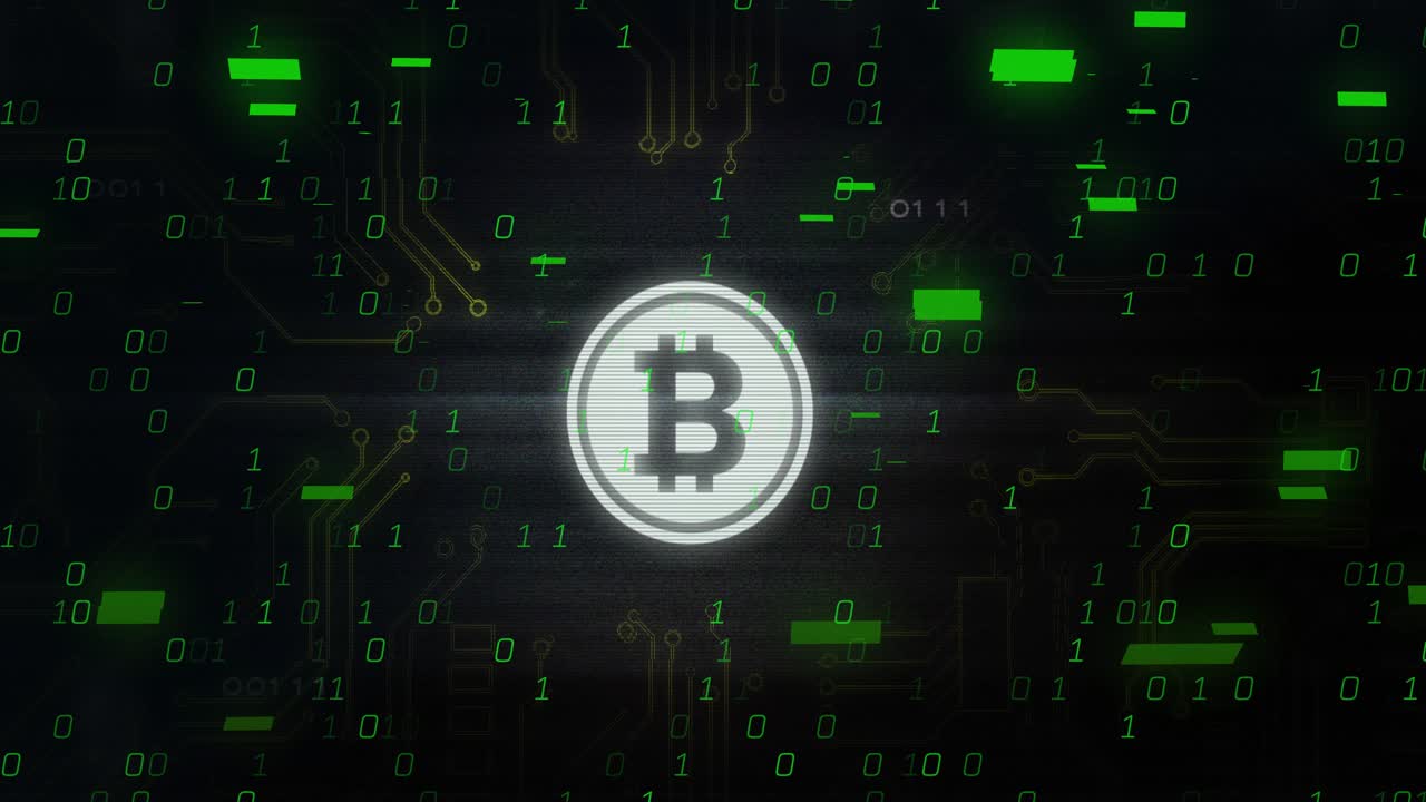 Moneta centrale che si illumina con un'ondata binaria, blocchi di dati che scorrono e circuiti che mostrano l'attività Bitcoin.