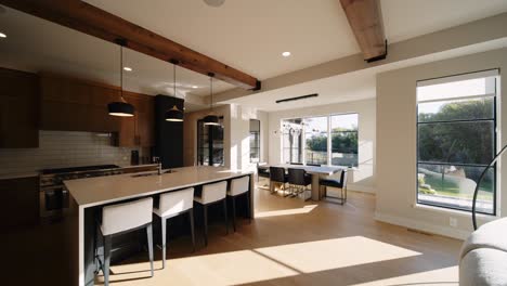 modern open concept kitchen and living room with abundant sunlight