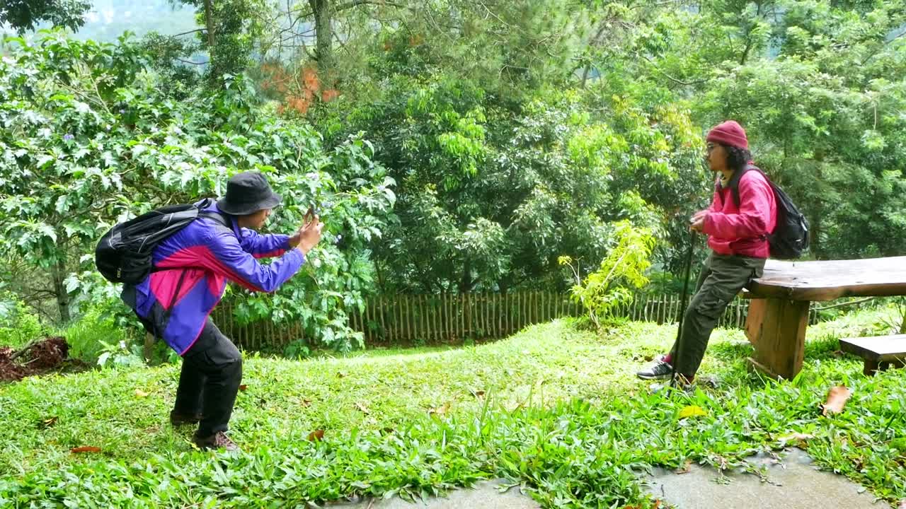 Hikers capturing scenic views on phones while enjoying nature's beauty and tranquility in lush