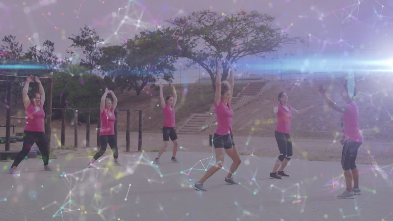 Exercising outdoors, women with colorful network animation overlay, staying active