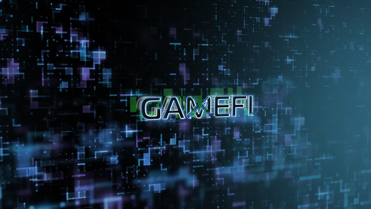 GameFi Concept Text Reveal Animation with Digital Abstract Technology Background 3D Rendering for Blockchain, Metaverse, Cryptocurrency