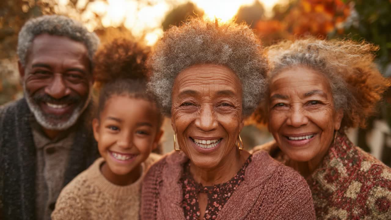 A Heartwarming Family Reunion: Celebrating Generations Together in a Beautiful Autumn Setting with Joyful Smiles and Unbreakable Bonds