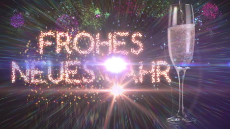 animation of frohes neues jahr text and fireworks over glass of champagne