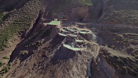 valle de aguas termales con piscinas minerales al aire libre - termas valle de colina en chile - retroceso aéreo