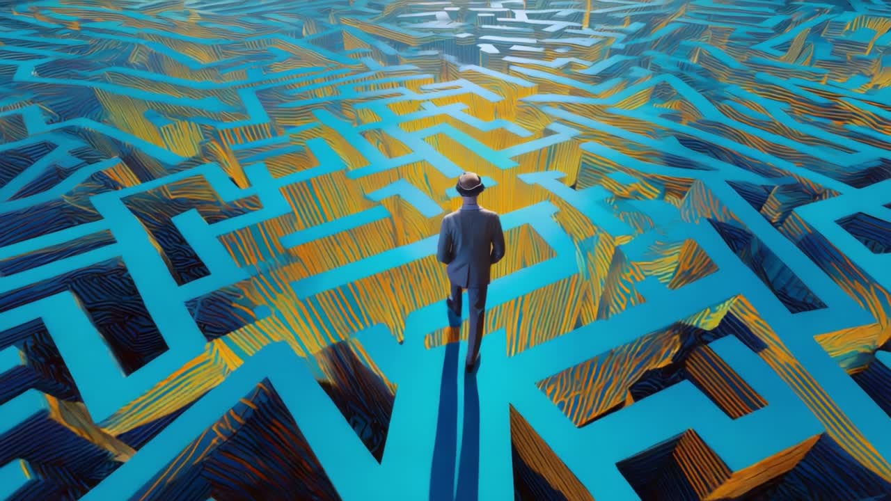 A solitary figure stands at the entrance of an intricate maze of blue and yellow paths, symbolizing the journey through challenges, choices, and uncertainties in search of solutions within a complex world