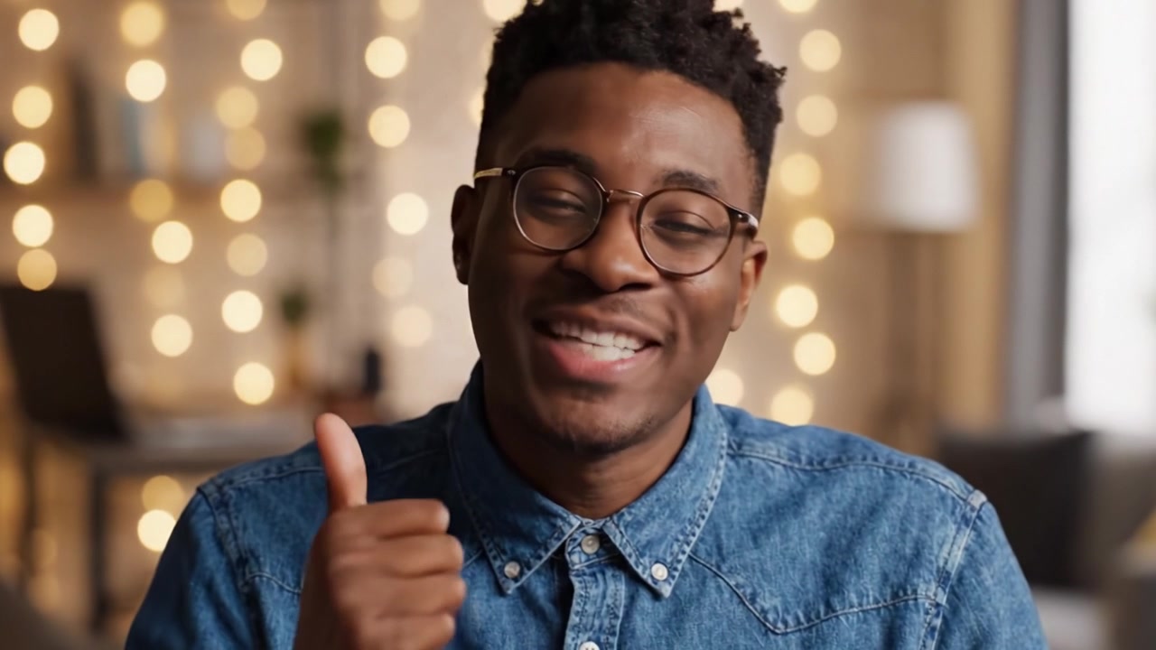Giovane uomo coinvolgente in camicia di jeans che esprime gioia ed entusiasmo in una stanza illuminata calorosamente con luci soffuse di sfondo.