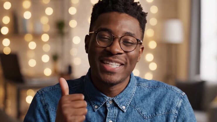 Giovane uomo coinvolgente in camicia di jeans che esprime gioia ed entusiasmo in una stanza illuminata calorosamente con luci soffuse di sfondo.