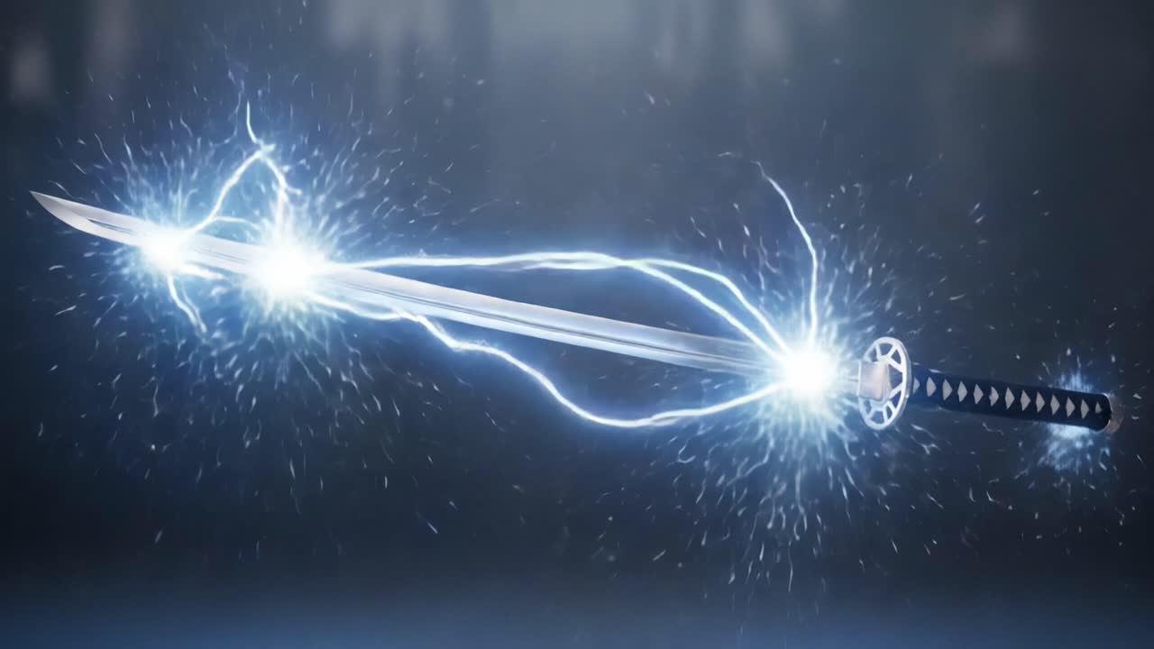 Dynamic Energy Surge Surrounds a Glimmering Sword, Merging Ancient Craftsmanship with Modern Imagery to Illustrate the Power of Light and Blade