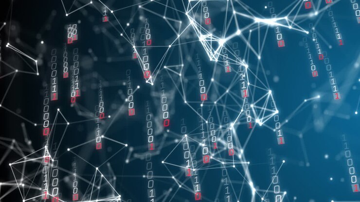 Animation of network of connections over data processing on black background