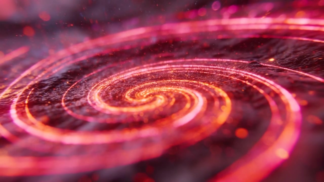 Yaklaşan kamera, pürüzlü bir kaya üzerinde parlayan, nabız gibi atan ve neon halkalar çizen, kıvılcımlar saçan bir spirali ortaya çıkarıyor.