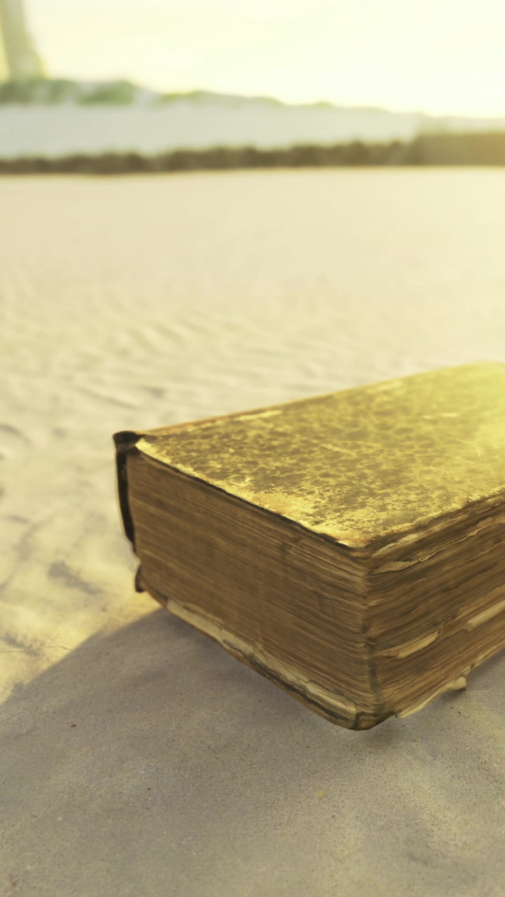 Libro appoggiato su una spiaggia sabbiosa con luce solare soffusa e vista sull'oceano