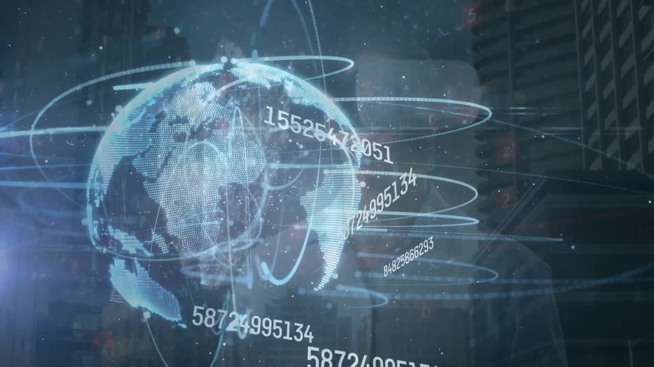 Animation of numbers, globe and connections over caucasian man in vr headset