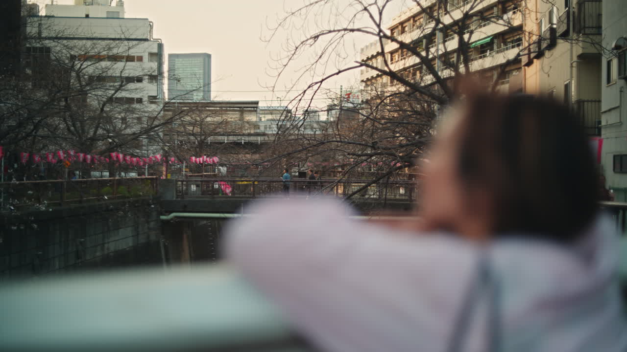 Cityscape view with bare trees and blurred foreground
