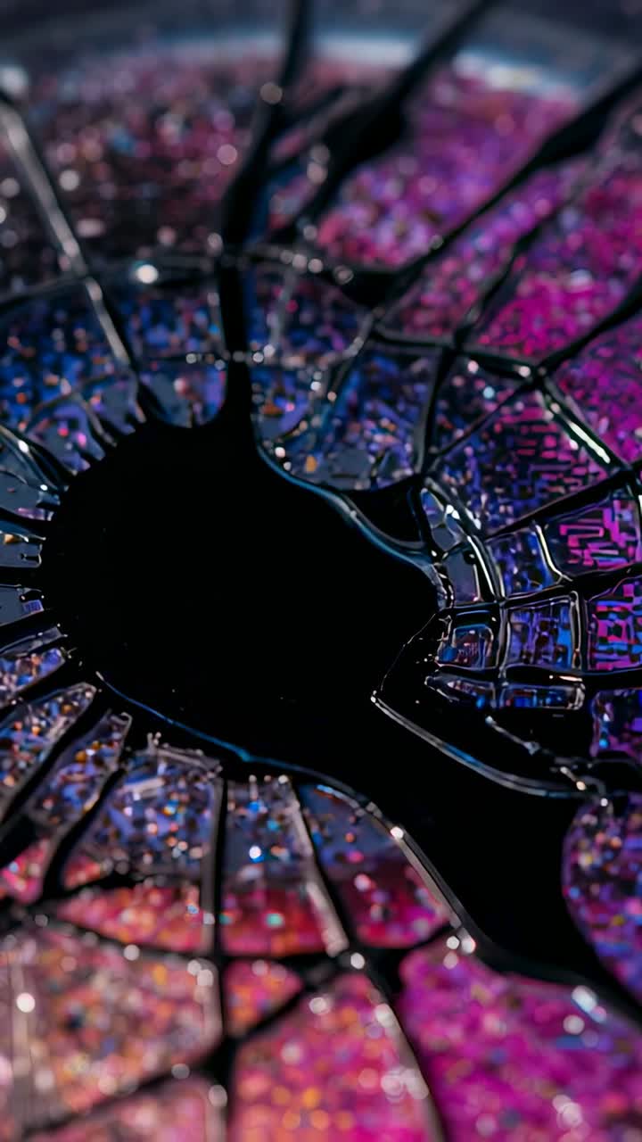 Vertical video: Reacting to light shift, glossy black puddle shifting along radial cracks on mosaic