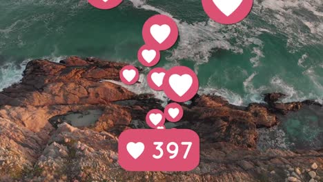 animation of heart social media people icon and numbers over landscape