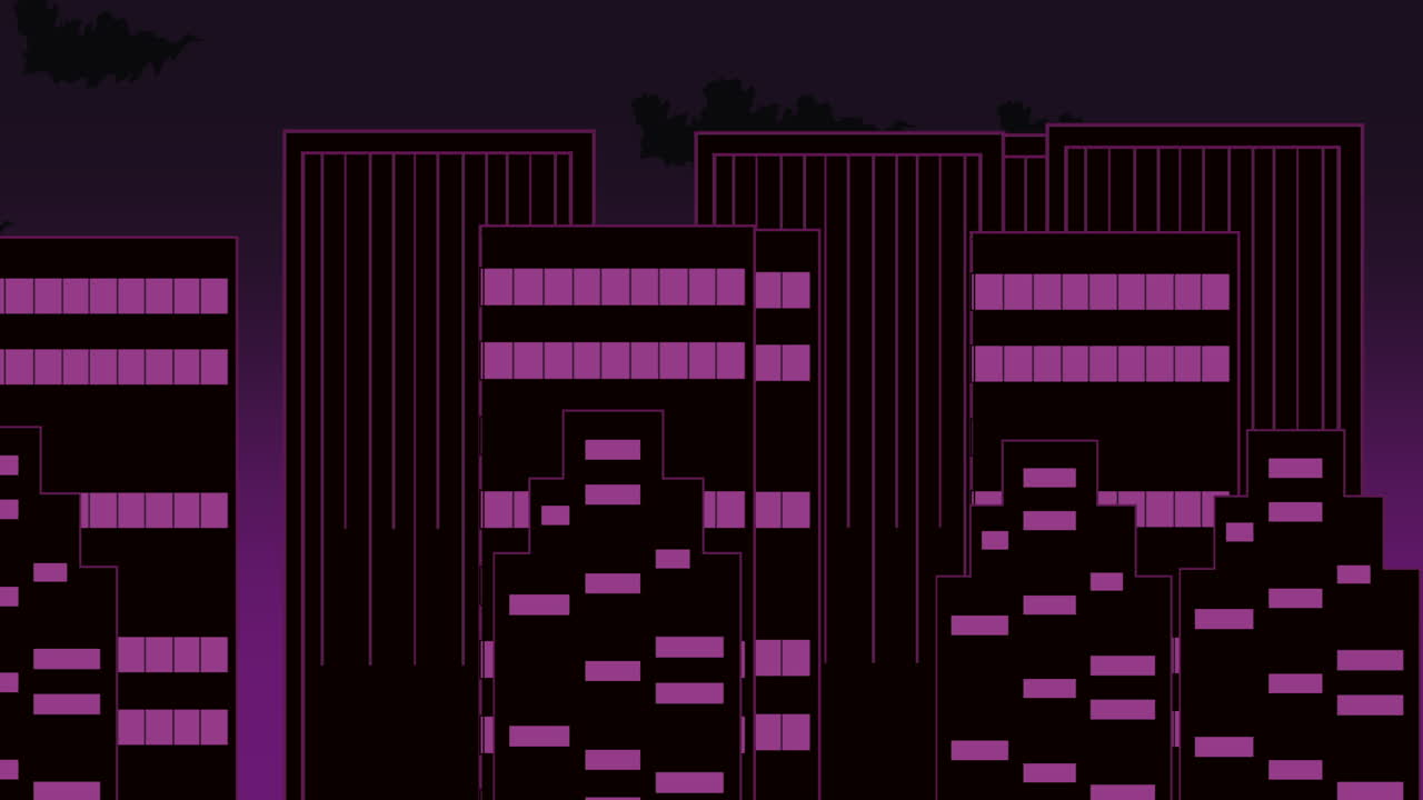 fondo de animación de paisaje urbano de dibujos animados abstractos con nubes de movimiento