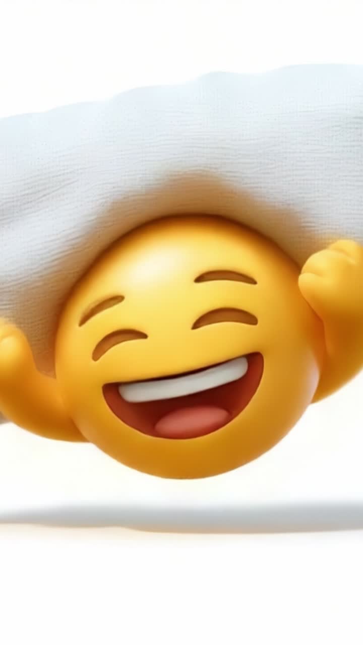 Personaggio emoji animato gioioso che esprime felicità sotto una morbida coperta con una faccina sorridente allegra, irradiando positività e calore per una comunicazione digitale divertente.