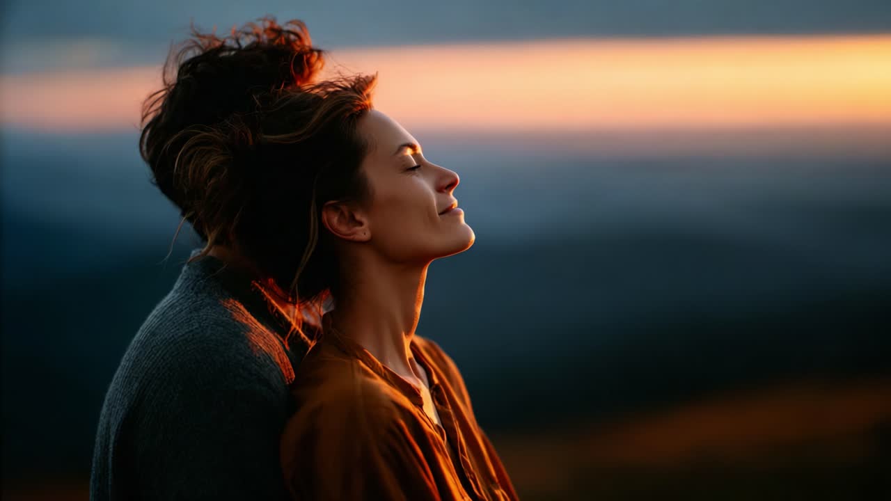 A couple enjoying a serene moment during sunset, embracing each other in a tranquil setting. The warm hues of the sky enhance their connection, evoking feelings of love and peace