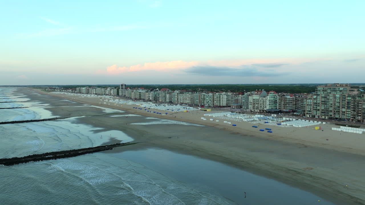 Aerial Pullback Knokke City at Belgian Coast at Sunset