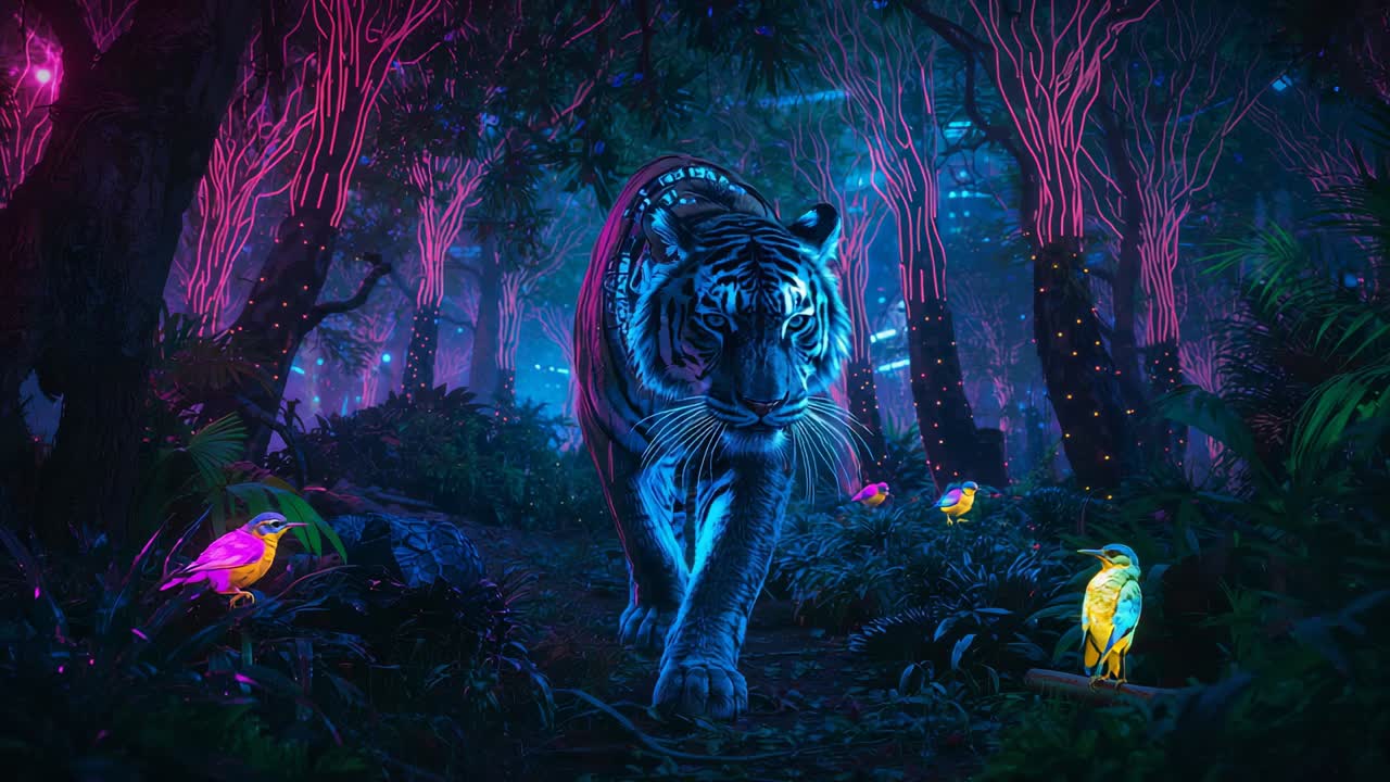 Emerging Bengal tiger stepping in enchanted forest after neon vine pulsing, with glowing birds